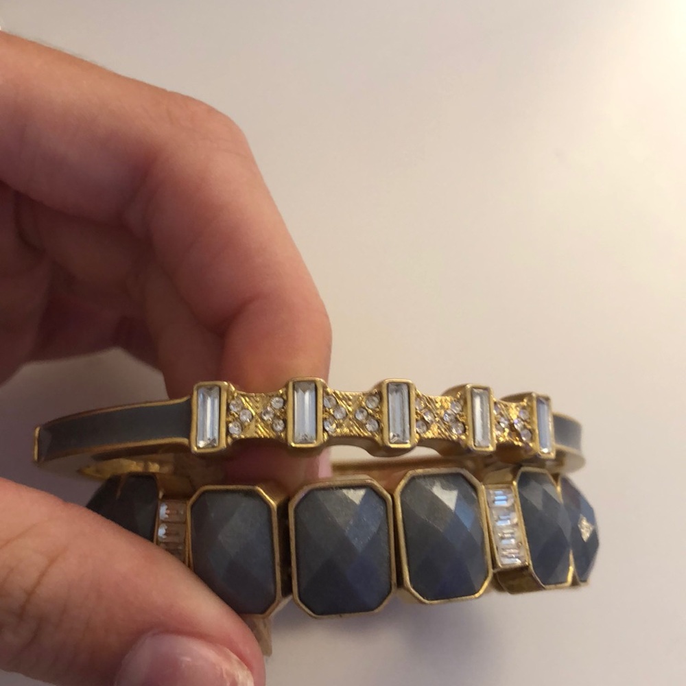 gold bracelets with blue & silver embellishments